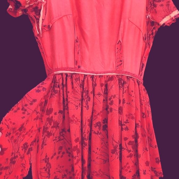 Vintage Lanz Dress 60s Fit and Flare XS Red Floral Wool Linen With Pockets - Picture 10 of 14
